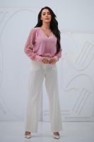 Elegancka bluzka damska z szyfonowym długim rękawem dekolt V mankiety z guzikiem - pudrowy róż